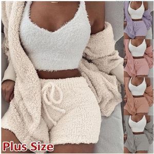 INS Winter Fleece Pajamas Set Women Homewear Long Sleeve Coat Outwear Sleeveless Vest Shorts 3 Piece Outfits Soft Plush Sleepwear Suit 34 Y2