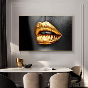 Картина с золотыми губами, печать на холсте, сексуальная женщина, настенные панно со ртом для гостиной, современный домашний декор, черные, серебристые губы, Куадрос
