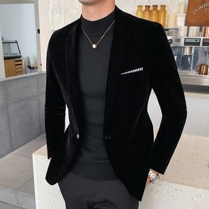 Sonbahar Kış Gold Velvet Blazer Yüksek Kalite İnce Uygun Takım Kıyafet Moda Model Erkekler Damat Şarkıcı Kostüm Resmi Gece Elbise 5x