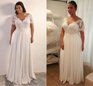 Vestidos simples de chiffon barato com calça de pescoço comprimento de piso de mangas curtas Uma linha vestido de noiva de praia plus size vestido de novia 403