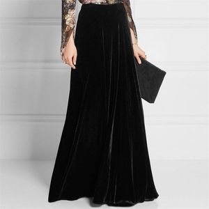 Бесплатная доставка S-5XL Мода Длинных Maxi-линия юбка для женщин эластичного пояса осени и зима велюр бархат черной юбки 210311