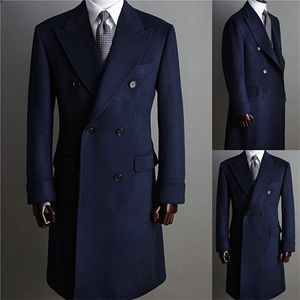 Ternos masculinos formais marinhos de lã grossa feitos sob medida smokings de dois seios blazer de lapela pontiagudo negócios casaco longo