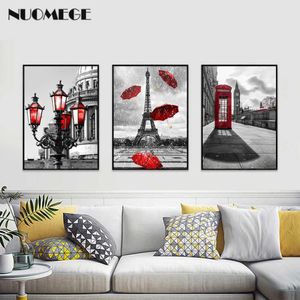 Черно-белая башня красный зонтик Холст живопись Париж улица стены искусства плакат печатает декоративное изображение для живого дома x0726