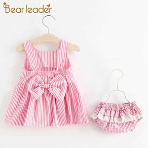 Ayı Lideri Bebek Kız Çizgili Giyim Setleri Yaz Doğan Erkek Yay-Düğüm Elbise Ve Külot Kıyafet Yürüyor Sevimli Giysiler 210708