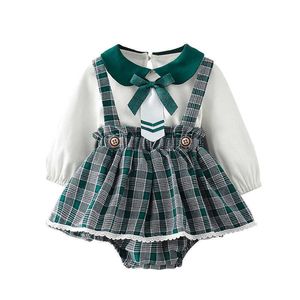 2 adet Bebek Kız Kore Prenses Elbise Bebek Yeşil Ekose Vestidos Toddler Butik Giysiler Kazak 210615 ile Doğmuş