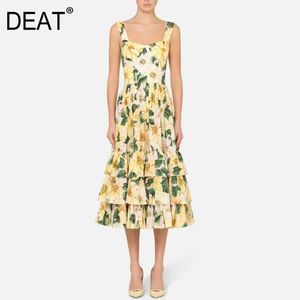 [Deat] Square Collar Strap Skirt Alta cintura sem mangas Slim Amarelo Impresso Mall Goth Maxi Vestidos para Mulheres Primavera 210527
