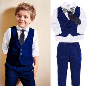 Формальная детская одежда, одежда для мальчиков, весенне-осенний костюм для детей, хлопковая белая рубашка с длинными рукавами + жилет + штаны, От 2 до 7 лет