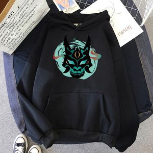 Erkek Hoodies Tişörtü Genshin Etki Xiao Maske Fangs Grafik Hoodie Unisex Hip Hop Streetwear Kazak Uzun Kollu Cep Kpop Graff