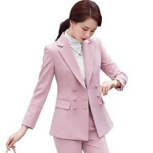 Lenshin Yüksek Kaliteli Ofis Lady Pembe Iş Pantolon Suit Artı Boyutu Iki Parça Set Bayan Giysileri Resmi Blazer ve Pantolon 210927
