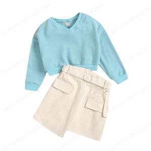 Çocuklar Giyim Setleri Kız Kıyafetler Çocuk Mavi V Yaka Örgü Kazak Kazak Tops + Düzensiz A-Line Etekler 2 adet / takım Bahar Sonbahar Moda Bebek Giysileri