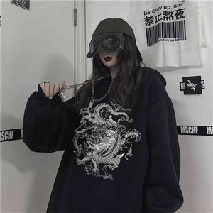 Ejderha Baskı Çin Tarzı Harajuku Retro Swag Hoodie Üst Büyük Boy Streetwear Unisex KPOP Y2K Casual Hoodies Çift Giysileri 210803