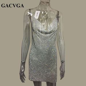 Gacvga 2020 Kristal Metal Halter Shining Yaz Elbise Kadınlar Plaj Elbise Pullu Mini Seksi Parti Elbiseler Vestidos X0521