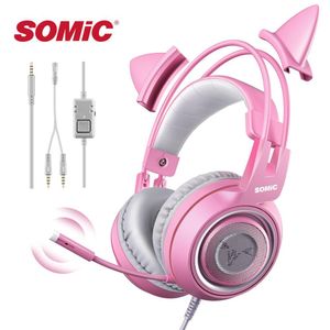 SOMIC Wired Cat Ear Hea Hear Симпатичные ПК с микрофоном 3.5 мм Компьютерный телефон PS4 lear Gamer G951S Pink
