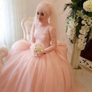 Muhteşem Arapça İslam Müslüman Pembe Gelinlik Gelinlikler Custom Made Dantel Aplikler Yüksek Boyun Uzun Kollu Bir Çizgi Başörtüsü Gelin Elbise 2021 Robe de Mariée