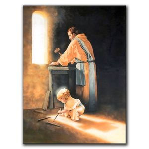 Мальчик Иисус Нейтл шиповники в столярном магазине Иосифа Винтажный стена Арта Религиозное плакат Христианский холст