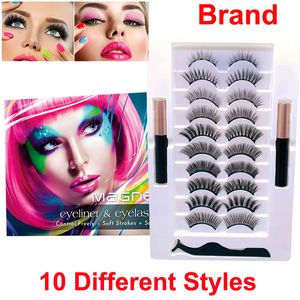 10 Pairs Manyetik Kirpik Eyeliner Ile 3D 5D Yumuşak Kirpik 2 Tüpler Sıvı Eyeliner Marka Makyaj Tutkal Ücretsiz Doğal Görünüm Yeniden Kullanılabilir Kirpik ve Cımbız