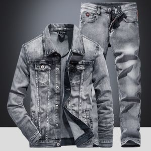 Деловая повседневная 2PCS Мужские брюки наборы простая дизайн джинсовая куртка с длинным рукавом и джинсы