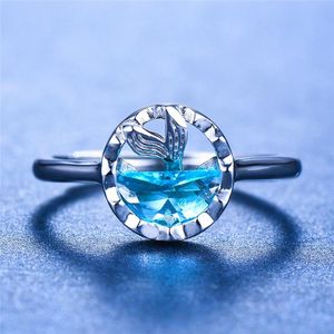 Anéis de casamento bonito boho fêmea 925 prata esterlina anel ajustável azul cristal sereia dedo estilo único envolvimento para mulheres