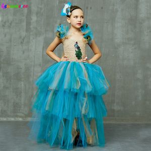 Sınırlı Sayıda Lüks Kızlar Tavuskuşu Tutu Elbise Eşleştirme Kafa Ile Çok Katmanlı Çocuk Pageant Tül Balığa Tavuskuşu Kostüm 210303
