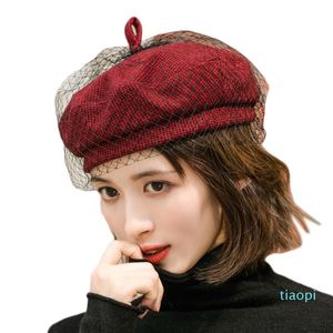 Berets mulheres vintage cor sólida beret boné com malha véu inverno britânico beanie chapéu n58f
