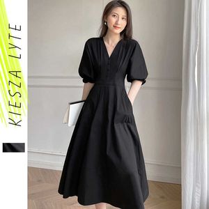 Hepburn siyah elbise kabarık kol yaz v boyun fransız tarzı yüksek bel a-line parti elbiseler zarif kadın giyim 210608