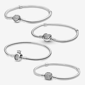 Kadınlar için 925 Ayar Gümüş Charm Bilezikler Fit Pandora Boncuk Güzel Takı Parlak Taç Kalpler Stilleri Temel Yılan Zincir Bilezik Bayan Hediye Orijinal Kutusu ile