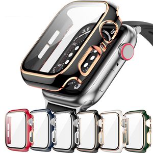Dual Color Electroplating PC Watch Cases with Tempered Glass Screen Protector For Apple Smartwatch 38/40/42/44mm 360 Full Protective Cover and Toughened Film