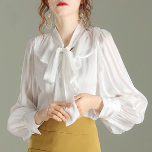 Kadın Bluzlar Gömlek Kabarcık Kollu Ceket Fener Beyaz Uzun Şifon Gömlek 2021 Ruffled Yay bir Omuz Üst Puf