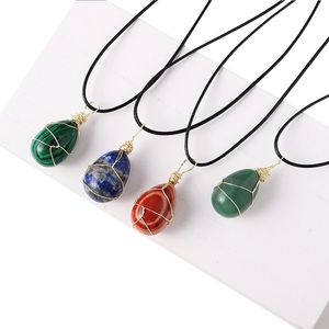 Doğal Kristal Oval Kaba Yumurta Sanatları Kolye Reiki Şifa Çakra Gemstone Altın Tel Örgülü Net Çanta Büyük Parçacık Kolye Takı Enerji Gem Kolye