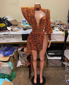 Sparkly Tek Uzun Kollu Akşam Kokteyl Elbise Sheer Yüksek Boyun Organge Pullu Gerçek Örnek Afrika Siyah Kızlar Kısa Mini Gelinlik Modelleri 2022