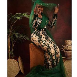 Green Lace Appliques Mermaid Evening Dresses Off Shoulder Full Sleeve Plus Size Formal Tulle Overskirt Women;s Wear Gowns 2022