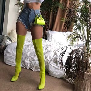 Сетчатые неоново-зеленые босоножки, женские модные сапоги выше колена, туфли с острым носком на высоком каблуке, обувь для вечеринок, женские сапоги до бедра, 210826