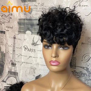 short Loose Curly Brazilian Remy Human Hair Full none lace front Wig Black Pixie Cut Wigs with Bang for Women