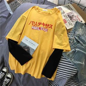 Korean Kawaii Amarelo Camiseta Mulheres Manga Longa O Pescoço t - shirts Outono Tops Casual Tee Letra Impresso Harajuku Mulher Tshirt 210720