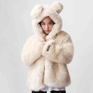 Продажа творческого меха женское пальто с капюшоном с капюшоном с ушами милая девушка маленькая свежая имитация кролика шерсти 211213