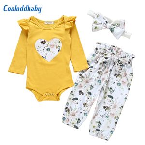 Meninas recém-nascidos meninas roupas outono 3 pcs conjunto bonito amarelo plissado manga longa macacão bodysuit flores pants crianças criança infantil