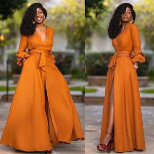 Casual Kleider Elegante Split Maxi Frauen Herbst Tiefem V-ausschnitt Langarm Party Kleid Damen Sexy Schlank Plus Größe Afrikanische kleidung