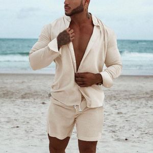 Erkek Eşofman Erkek 2022 Sonbahar Moda Katı Uzun Kollu Gömlek Ve Şort Takım Elbise Iki Parçalı Kıyafetler Erkekler Için Rahat Pamuk Keten Setleri Stree