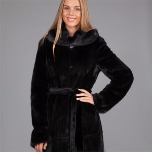 Uzun Faux Kürk Kadın Kış Ayarlanabilir Bel Uzun Kollu Yapay Ince Vizon Kürk Palto Kapüşonlu Kalın Sıcak Ceket ile 211213