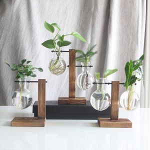 Creative Hydroponic Plant Transparent Vase Glass& Wood Vases Glass Flower Vase Plant Bonsai Hanging Pots Home Garden Decor 210623