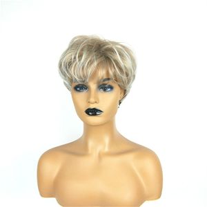 Kısa Sentetik Peruk Simülasyon İnsan Saç Perukler Beyaz Siyah Kadınlar Için Gerçek Perreques Görünen Hairpieces K43