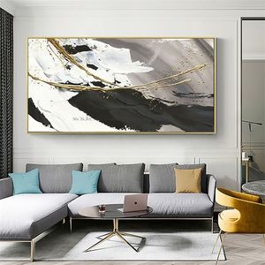 El Boyalı Yağlıboya Tuval Soyut Siyah Ve Beyaz Altın Modern Akrilik Resim Sergisi Oturma Odası Dekor Için Büyük Duvar Sanatı 210310