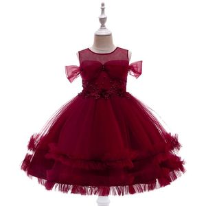 Kız Elbiseleri 3-10 Yıl Çocuklar Düğün Için Elbise Tül Kırmızı İnciler Kız Zarif Prenses Balo Parti Pageant Örgün Önlük