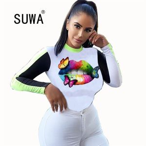 Toptan Ürün Sonbahar Kadın Dudaklar Baskı O-Boyun Uzun Kollu Patchwork T-Shirt Tops Slim-Fit Tunik Tee Streetwear 210525 Tops