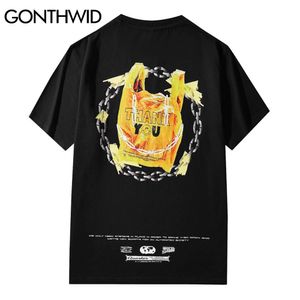 Gonthwid Tişörtleri Harajuku Zincir Plastik Torba Baskı Rahat Gevşek Tees Gömlek Streetwear Hip Hop Moda Kısa Kollu Pamuk Tops C0315