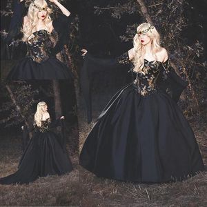 Siyah top vintage elbiseler uzun juliet kollu nakış omuz saten süpürme tren bahçe gelinlik vestidos