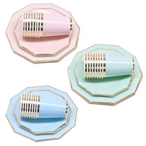 24 pçs / conjunto verde rosa papel azul placas descartáveis ​​conjunto de utensílios de mesa para festa de aniversário de casamento festa de bebê fontes decoração de ouro 210909