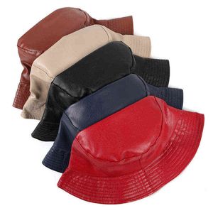 Deri kadın Kova Şapka Moda 2021 Kore Stil Siyah Kırmızı Kadın Kova Şapka Gorra Mujer Bob Chapeau Femme Balıkçı Kap Y220301