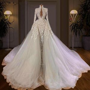 Beading Pearls Long Sleeve Wedding Dresses High Collar Bridal Gown with Detachable Train Lace Appliques Vestidos De Noiva