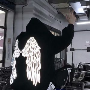 Erkek Hoodies Lange Mouwen Reflecterende Gömlek Harajuku S Vrouwen Japonya Boy Siyah Melek Kanat Parlak Docek Met Een Kap Hoodies 0709